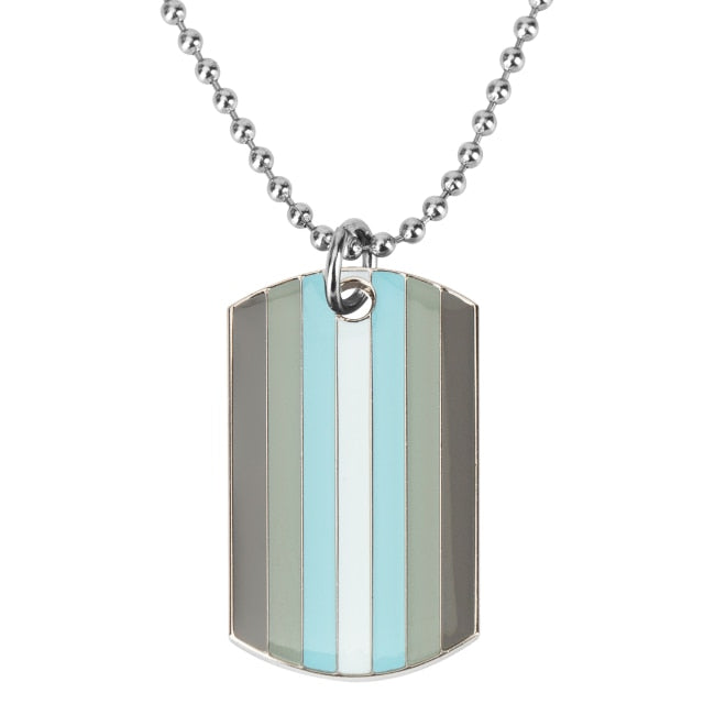 Silver ball-chain necklace with a striped blue, white, gray, and green tag pendant