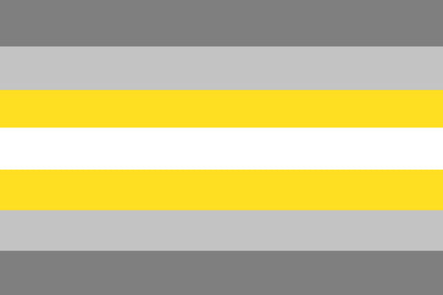 Horizontal demigender pride flag with gray, yellow, and white stripes