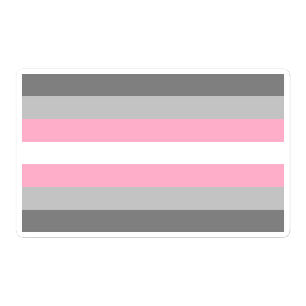 Rectangular demigirl flag sticker with pink, gray, and dark gray stripes