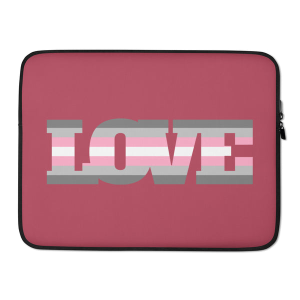 Front view of a pink laptop sleeve with a large striped “LOVE” graphic and black trim