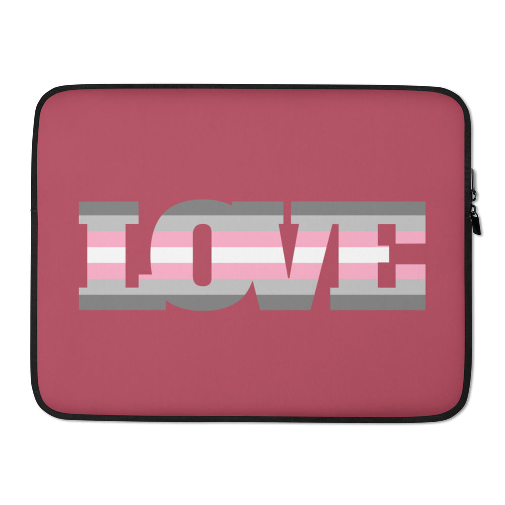 Front view of a pink laptop sleeve with a large striped “LOVE” graphic and black trim