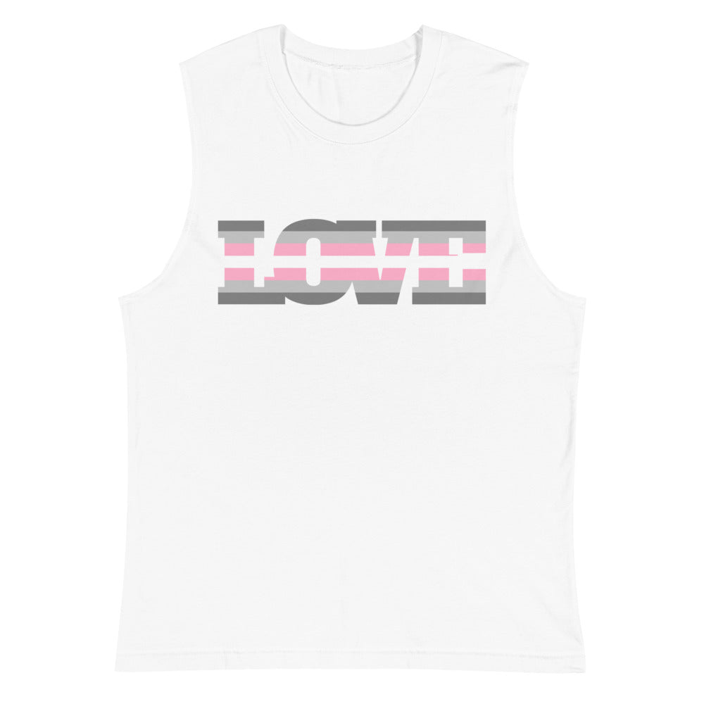 White sleeveless muscle tank with a gray and pink LOVE graphic