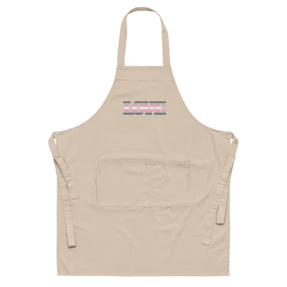 Front view of a beige apron with a large pocket and striped pink-and-gray “LOVE” graphic