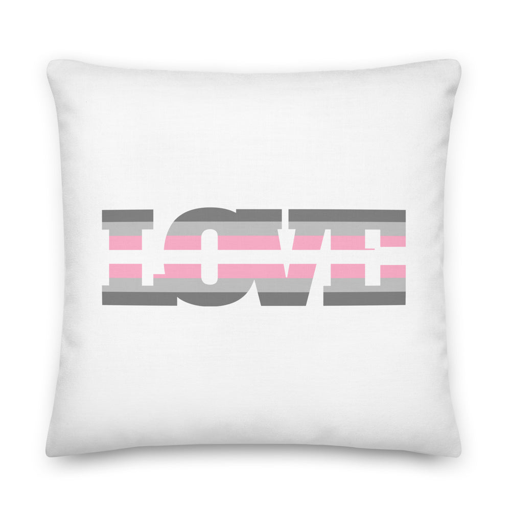 White square pillow featuring a stylized gray and pink demigirl flag design