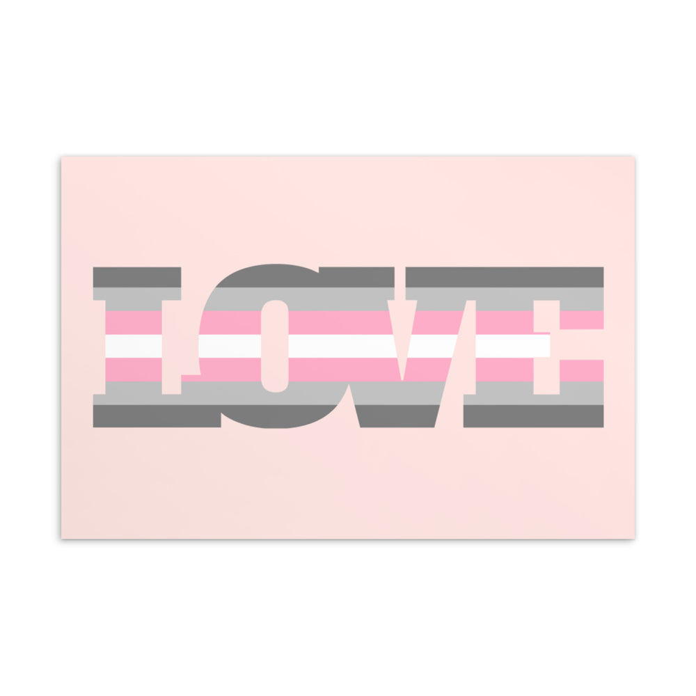 Pink postcard with large gray and pink striped LOVE lettering across the front