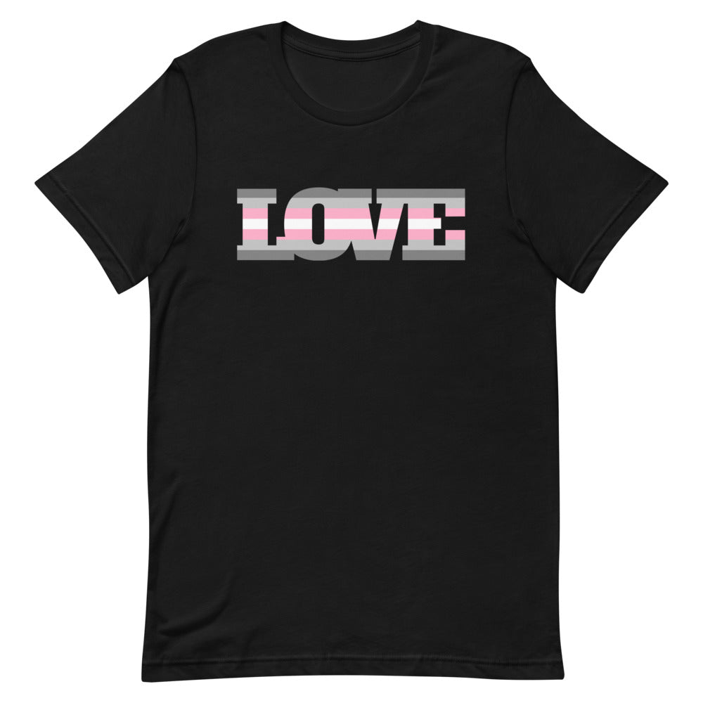 Front view of a black T-shirt with “LOVE” in gray, pink, and white stripes
