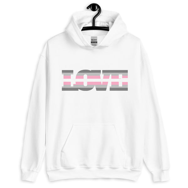 White hoodie on a hanger with a gray-and-pink striped graphic across the chest