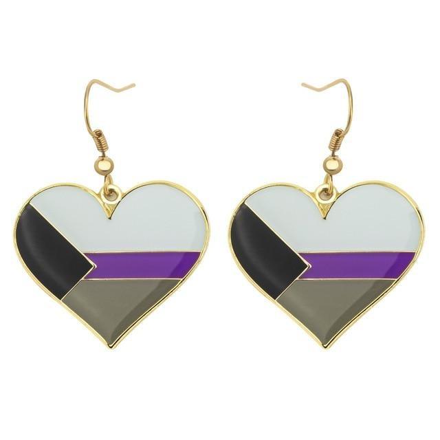 Demisexual pride heart drop earrings with black, gray, white, and purple stripes