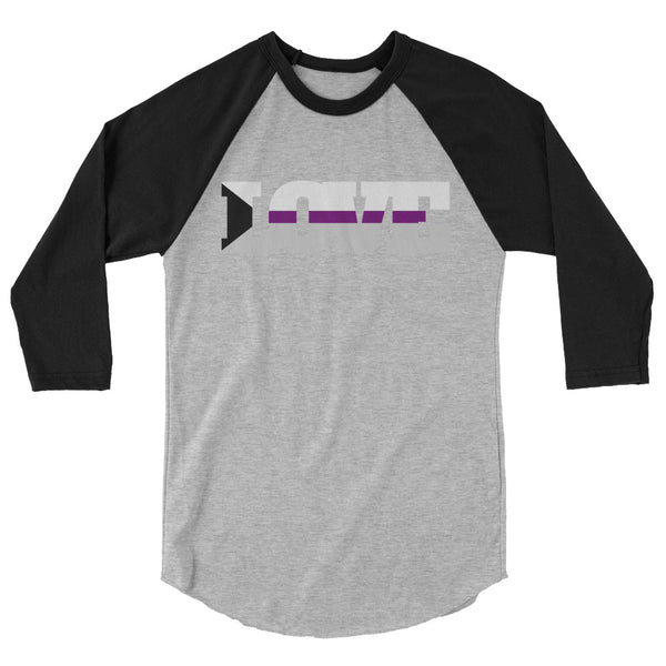 Front view of a gray raglan shirt with black three-quarter sleeves and purple-and-white chest graphic