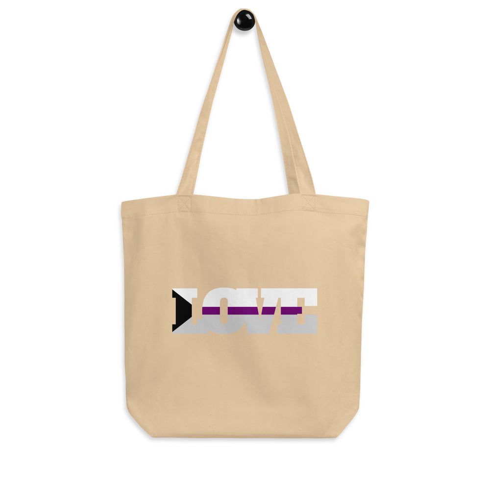 Natural canvas tote bag; tote bag with “Demisexual Love Eco” design