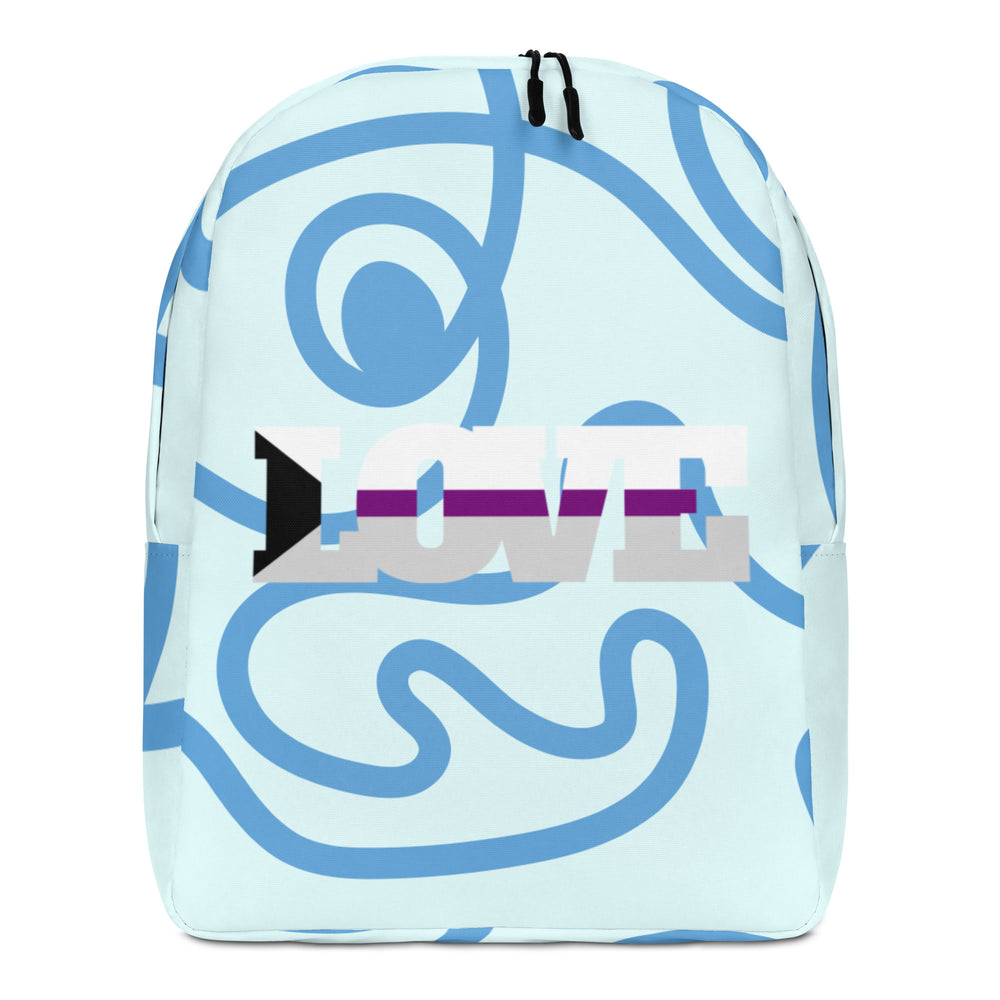 Pale blue backpack with abstract blue line design, front-facing backpack