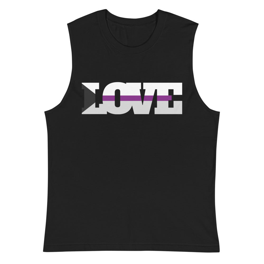 Black sleeveless muscle tank with bold white LOVE lettering and a purple stripe