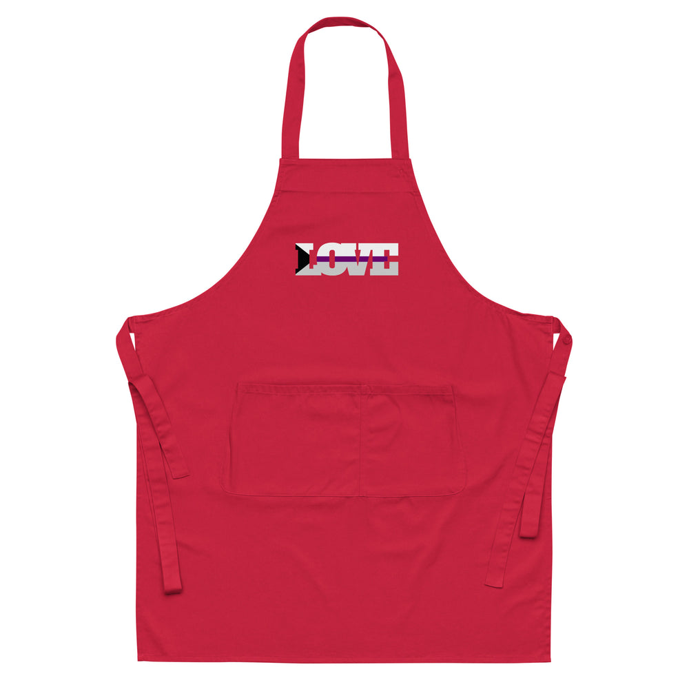 Front-facing red apron with neck loop, waist ties, front pocket, and “LOVE” graphic