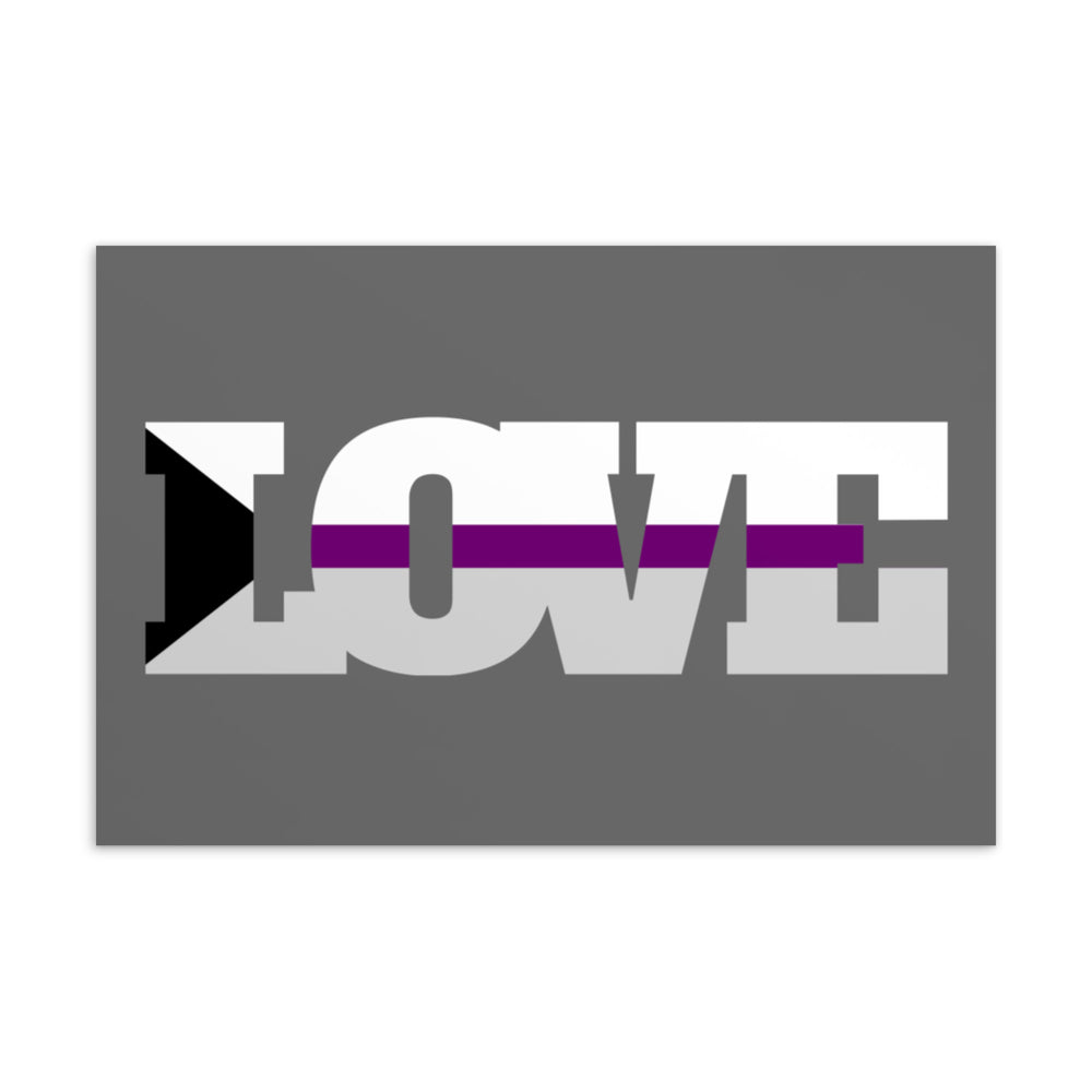 Postcard graphic reading “LOVE” in white and purple on a dark gray background