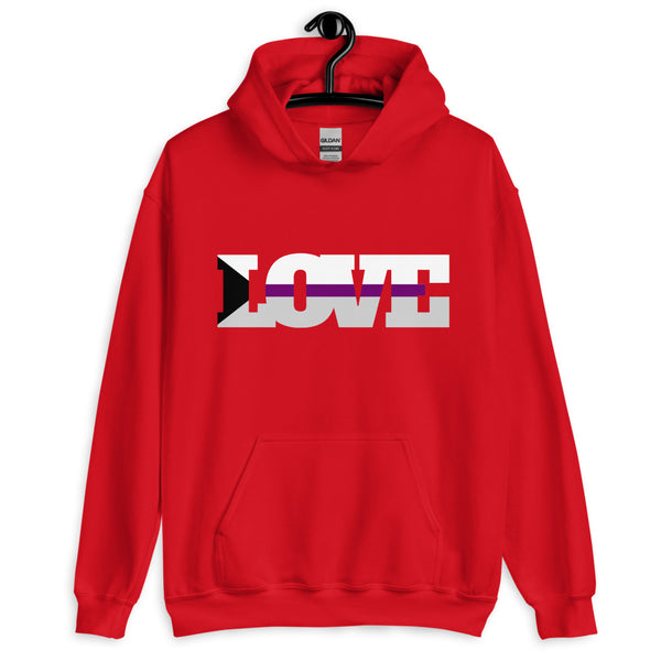 Red pullover hoodie with a black, white, and purple LOVE graphic across the chest