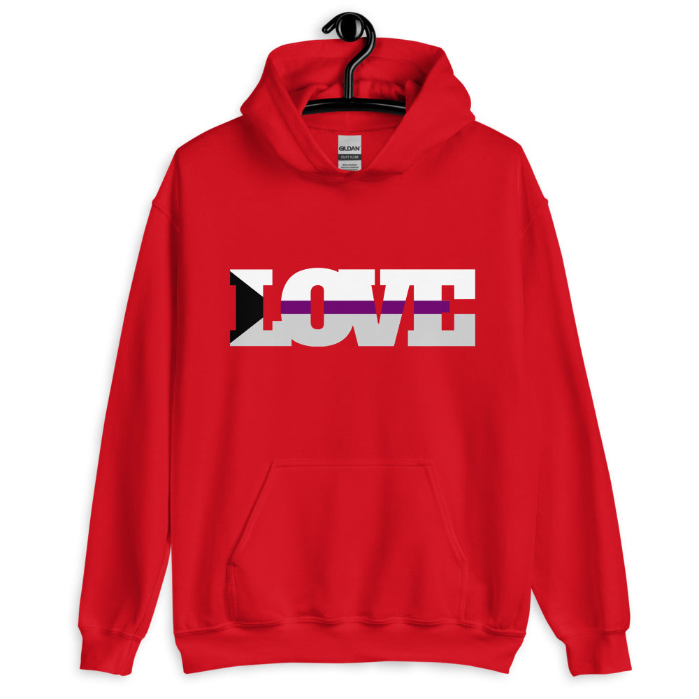 Red pullover hoodie with a black, white, and purple LOVE graphic across the chest