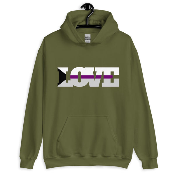 Front view of an olive green hoodie with bold LOVE lettering and a black, white, and purple stripe