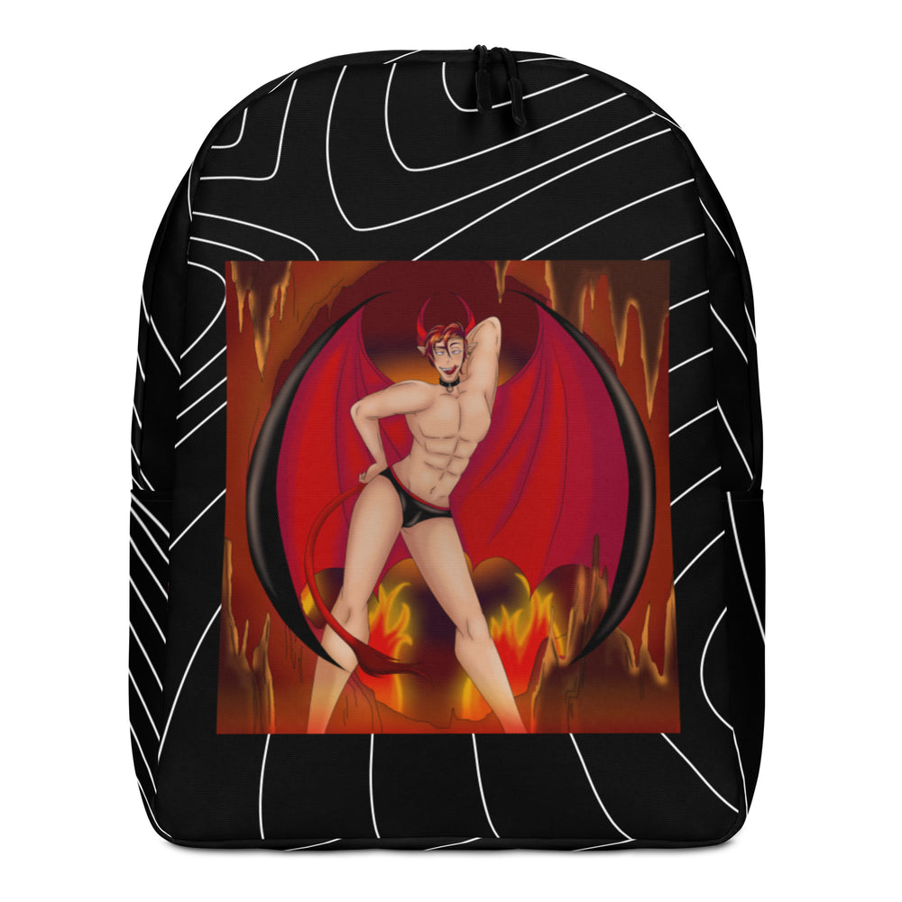 Front-facing black backpack with white curved lines and a shirtless horned demon in red wings