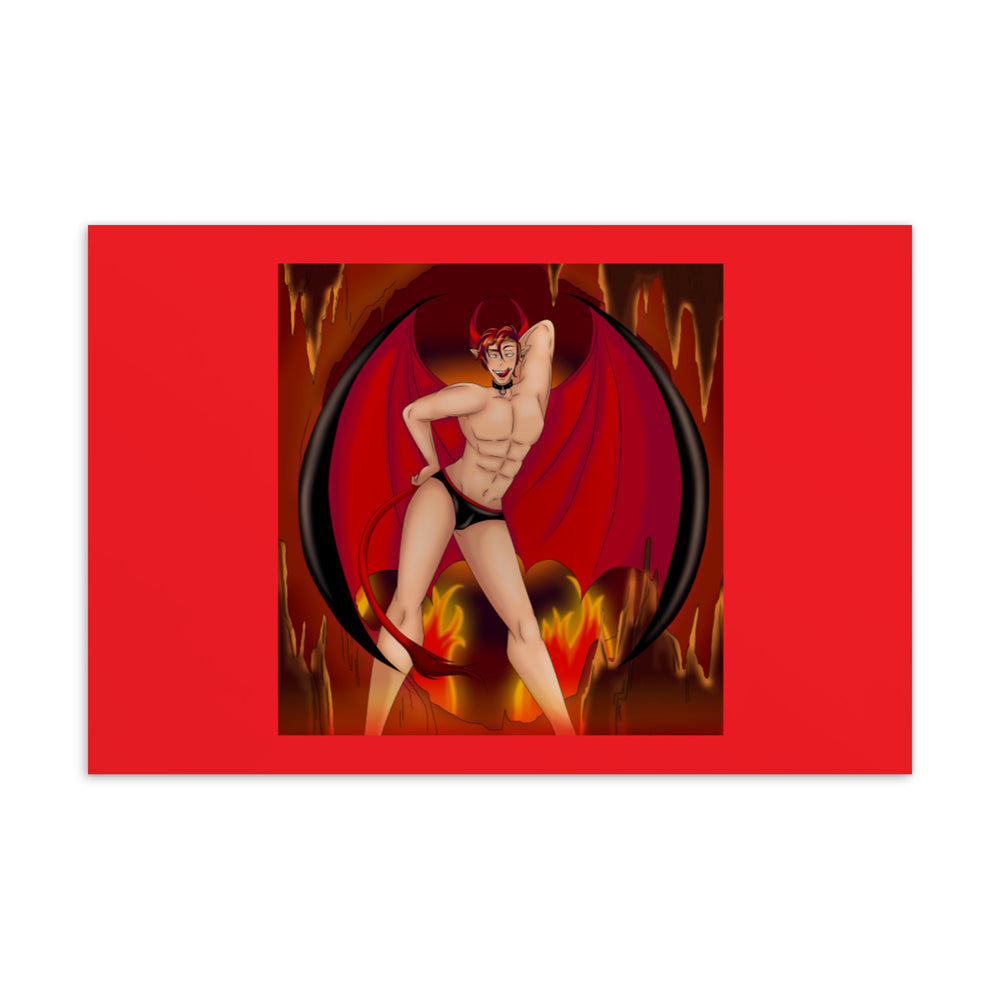 Postcard art of a horned, winged demon in black briefs posing amid flames