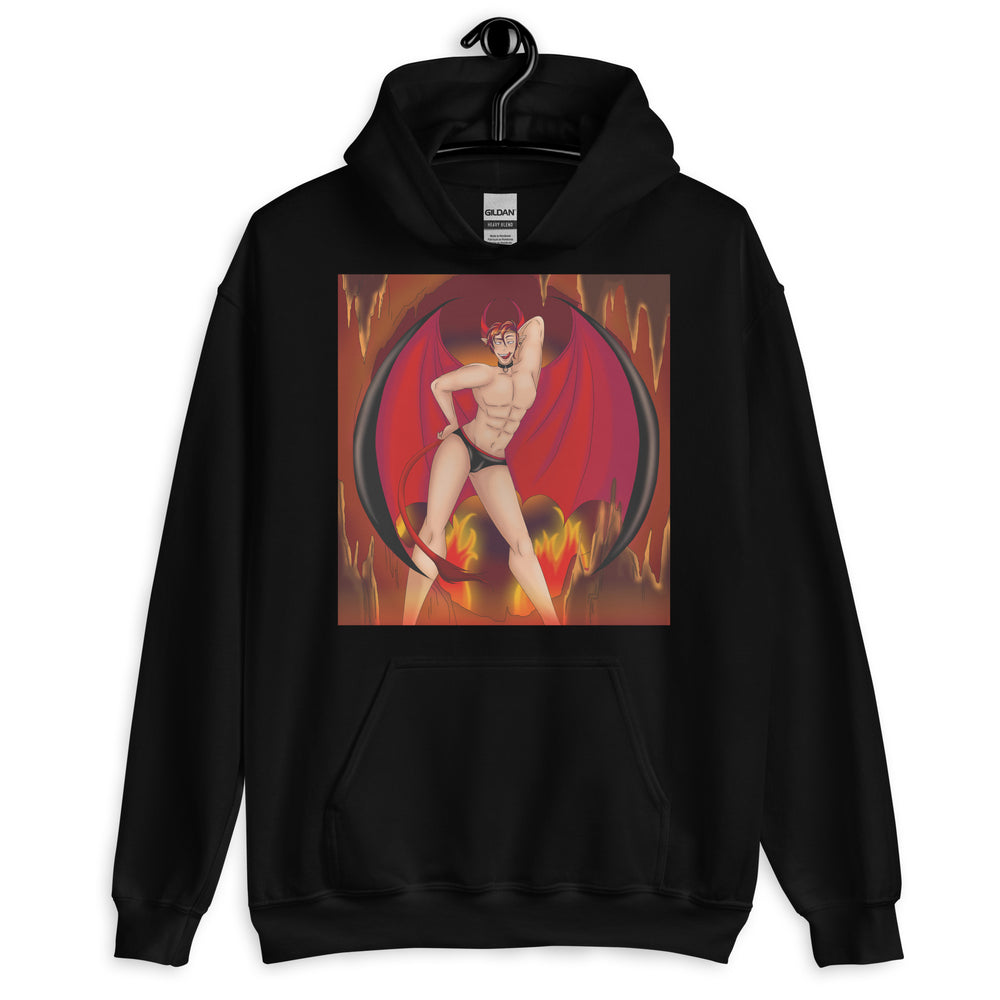 Black hoodie with a shirtless horned demon in briefs, wings, and flames
