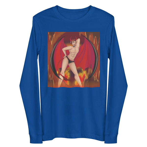 Front view of a royal-blue long-sleeve shirt with a shirtless horned demon in black briefs and red wings