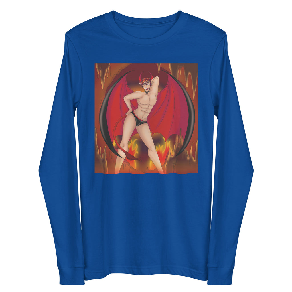 Front view of a royal-blue long-sleeve shirt with a shirtless horned demon in black briefs and red wings
