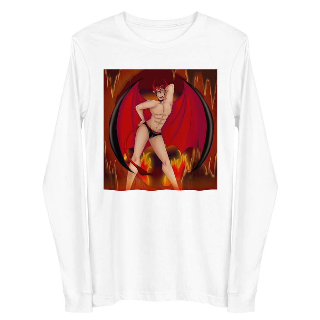 Front view of a white long-sleeve shirt with a horned demon in black briefs and red wings
