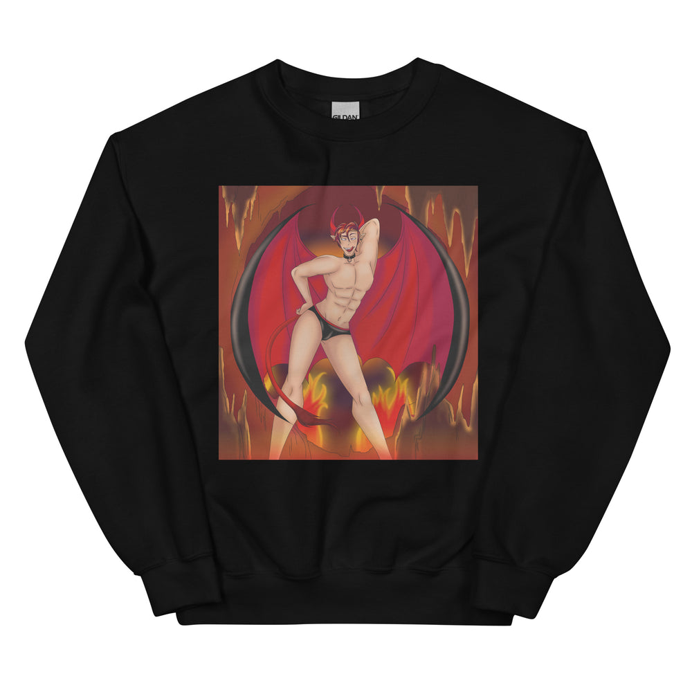 Front view of a black sweatshirt with a horned, winged demon in black briefs amid flames