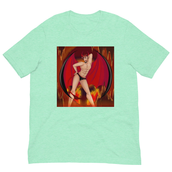 Mint T-shirt featuring a horned, winged demon in black briefs amid flames
