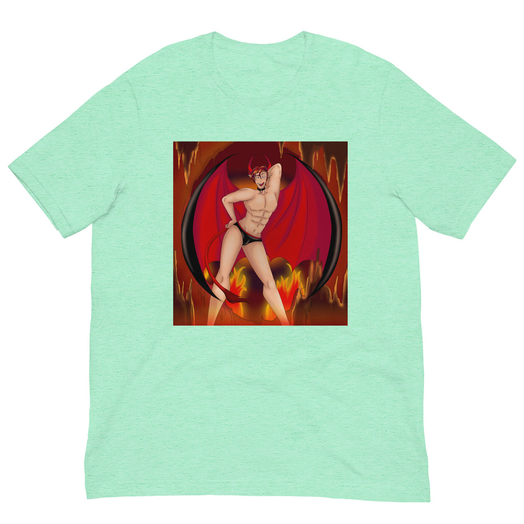 Mint T-shirt featuring a horned, winged demon in black briefs amid flames