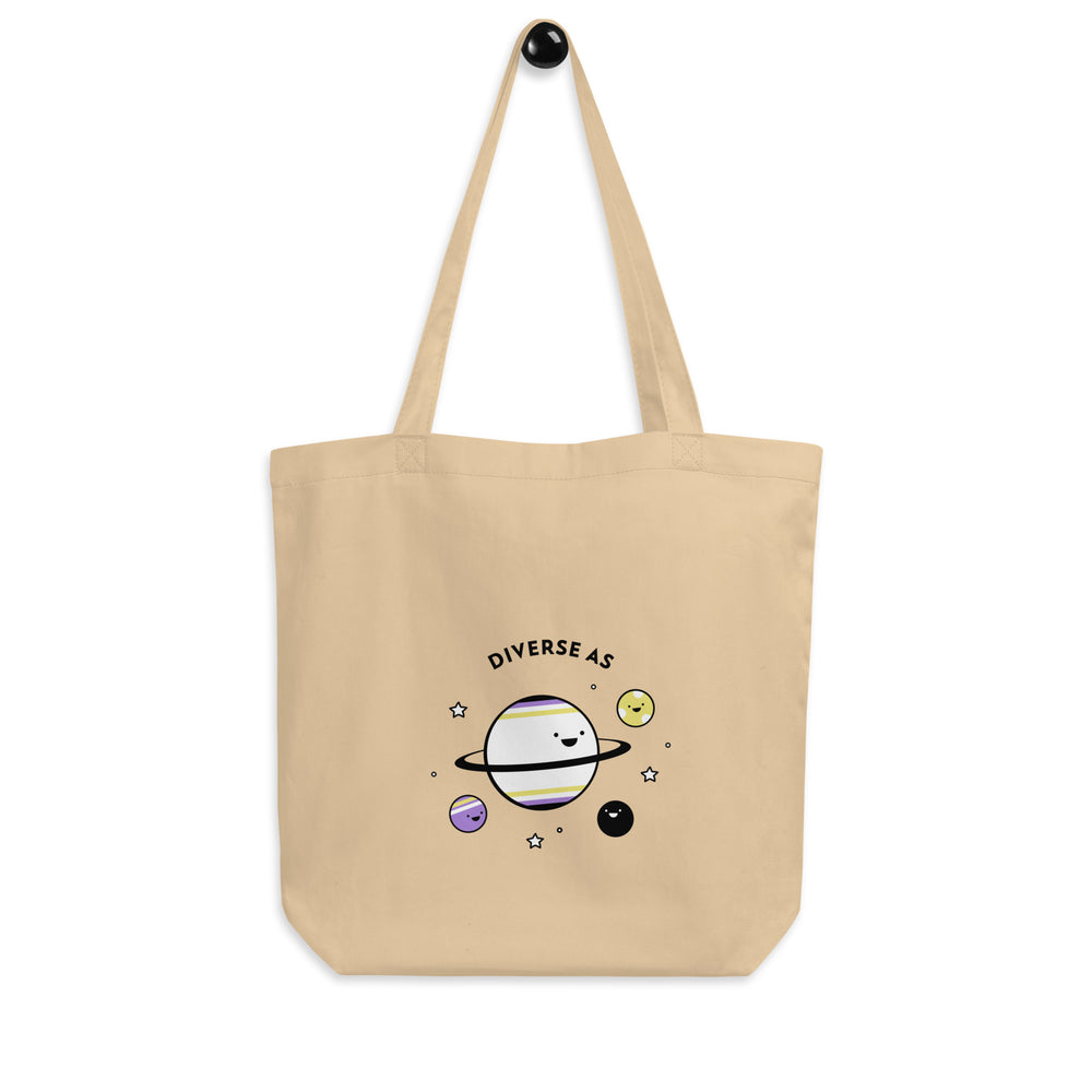 Beige tote bag, front-facing product view; tote bag with “Diverse As The Universe Eco” design