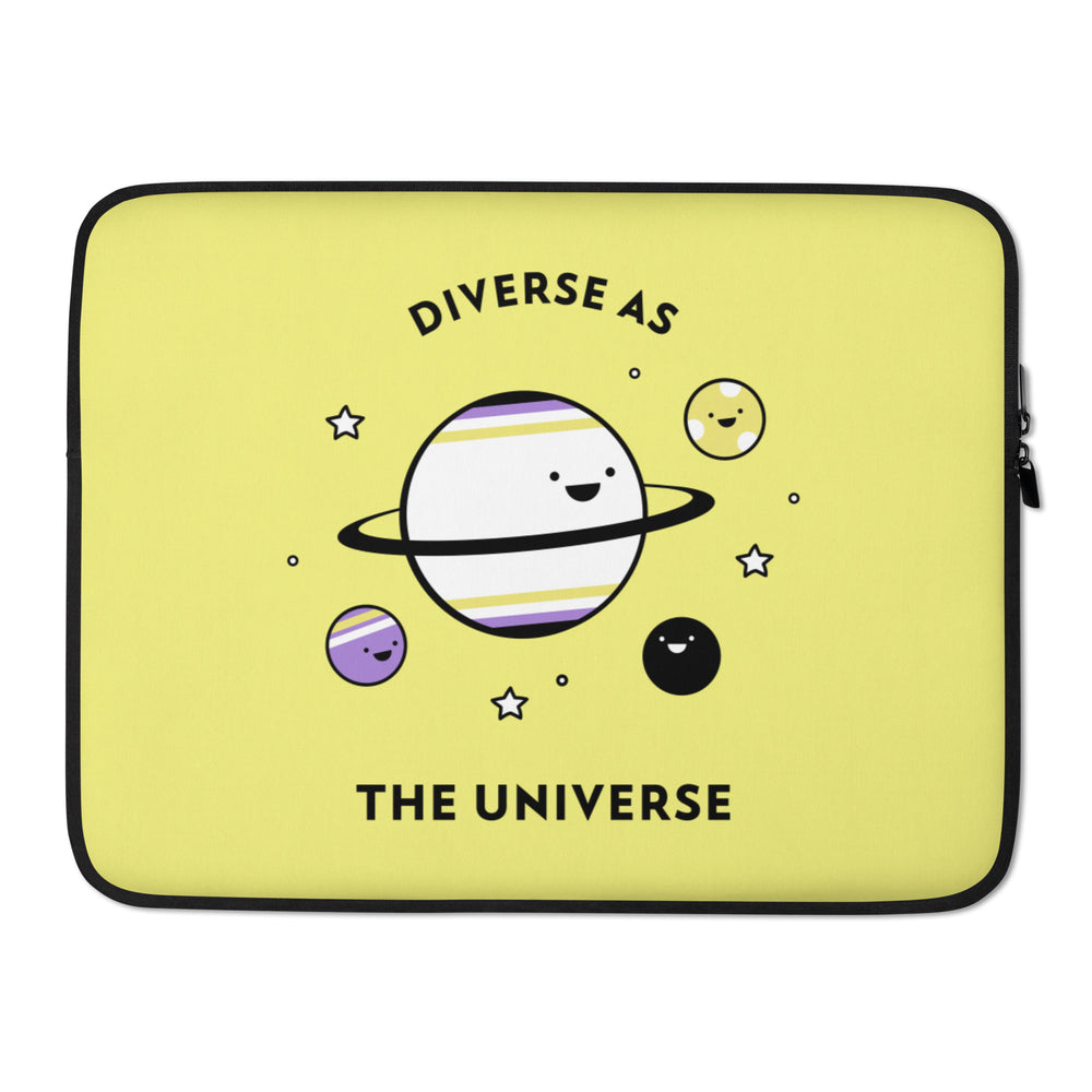 Front view of a yellow laptop sleeve with smiling planets and “DIVERSE AS THE UNIVERSE” text