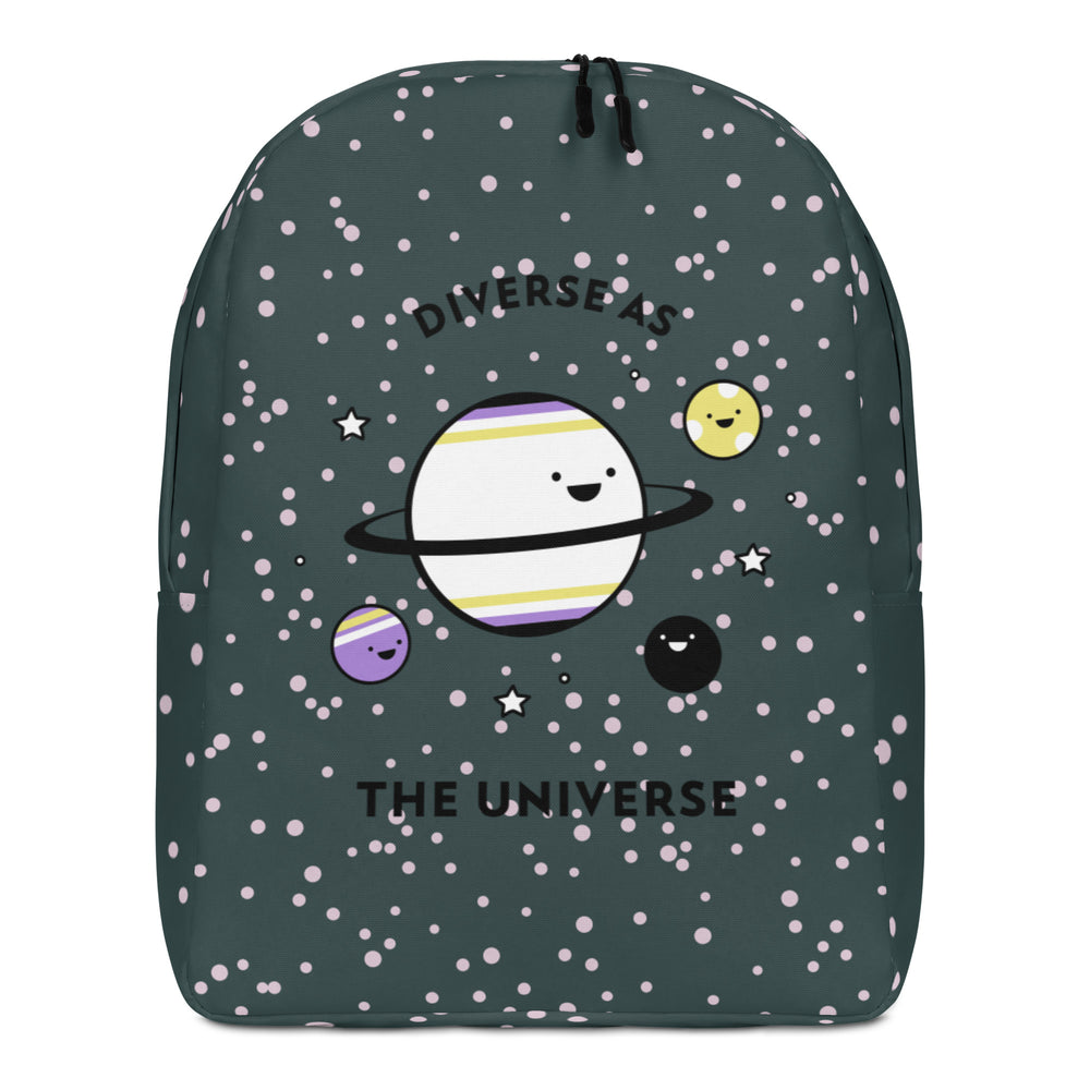 Front-view dark teal backpack with pink dots, planets, and “DIVERSE AS THE UNIVERSE” text