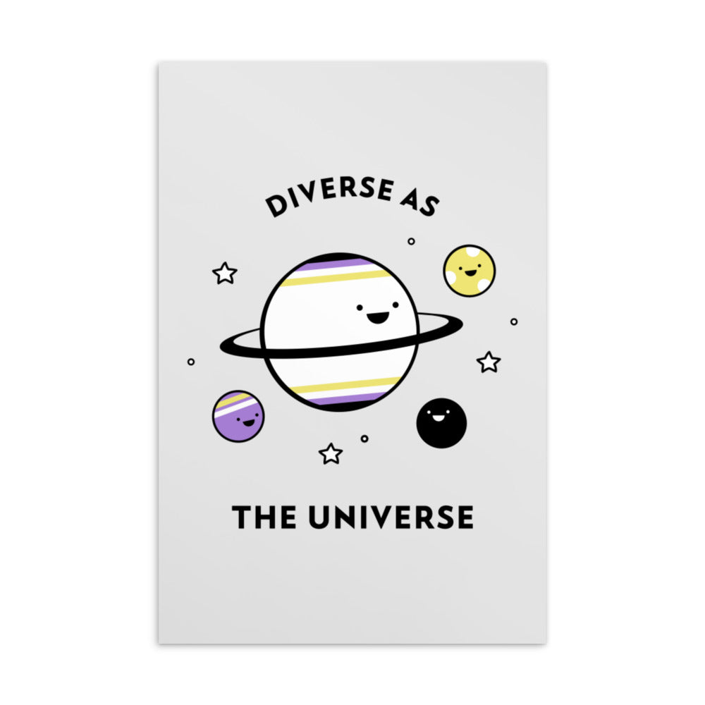 Postcard reading “DIVERSE AS THE UNIVERSE” with smiling planets in nonbinary flag colors