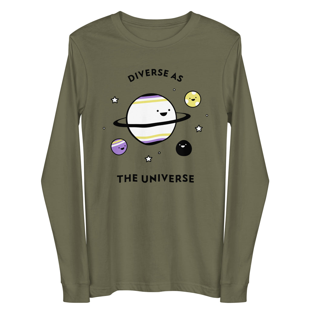 Front view of an olive long-sleeve shirt reading “DIVERSE AS THE UNIVERSE” with smiling planets