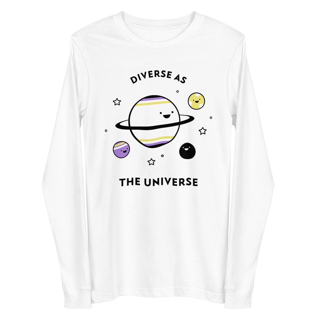 Front view of a white long-sleeve shirt reading “DIVERSE AS THE UNIVERSE” with smiling planets