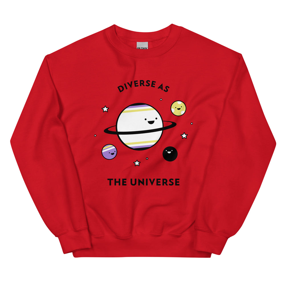 Front view of a red sweatshirt reading “DIVERSE AS THE UNIVERSE” with smiling planets