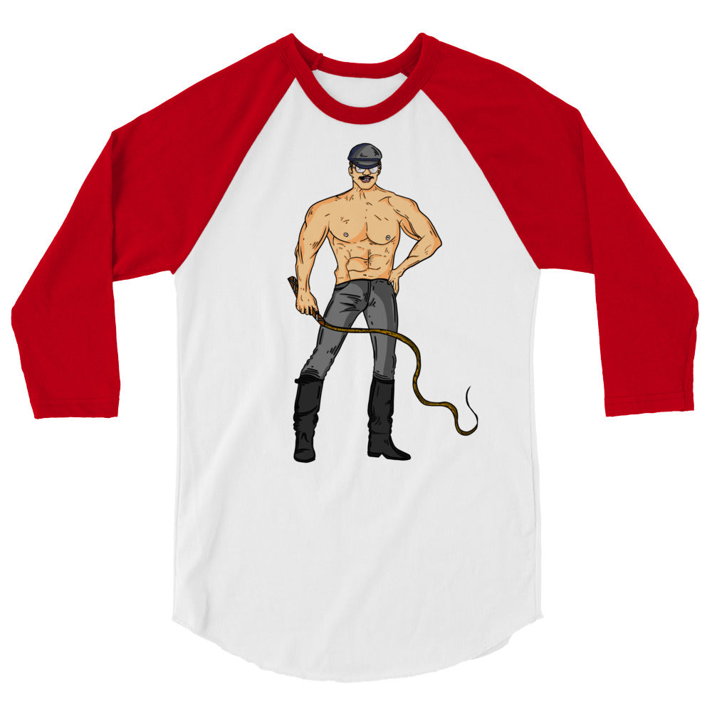 Front view of a white raglan shirt with red three-quarter sleeves and a shirtless man holding a bullwhip graphic