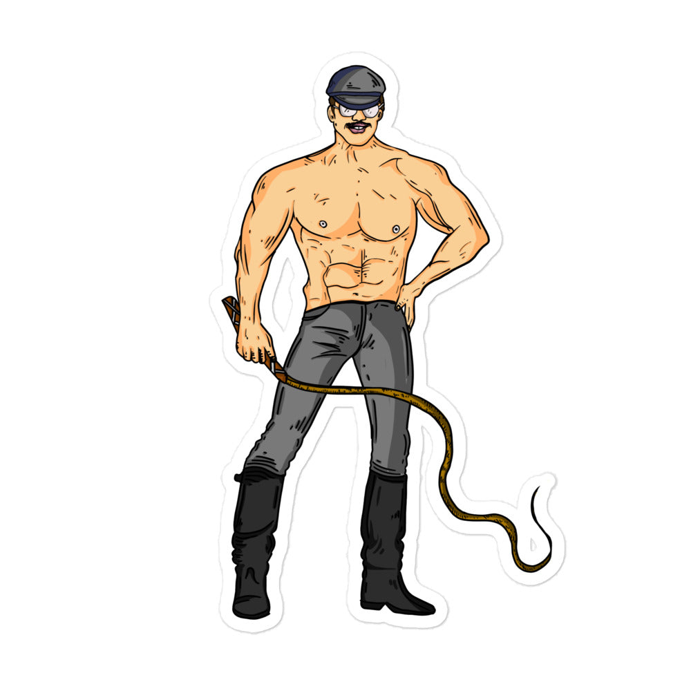 Sticker showing illustrated shirtless muscular man in cap, leather pants and boots holding a whip