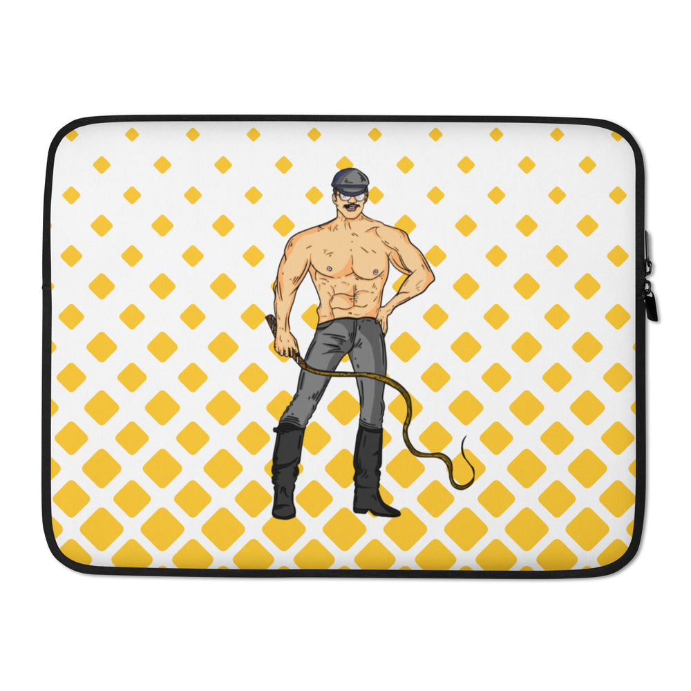 Laptop sleeve with a shirtless mustached man in leather gear holding a riding crop and whip