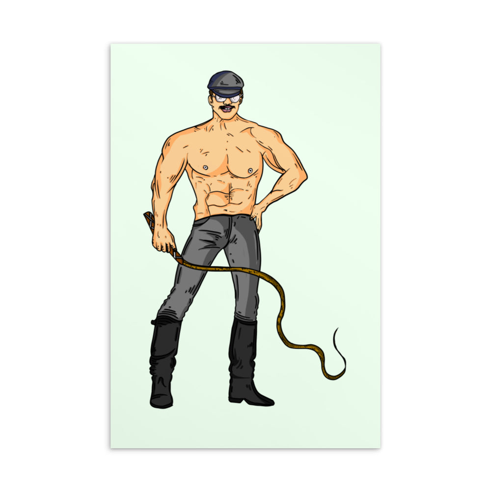 Postcard illustration of a shirtless mustached man in cap, sunglasses, jeans and boots holding a whip