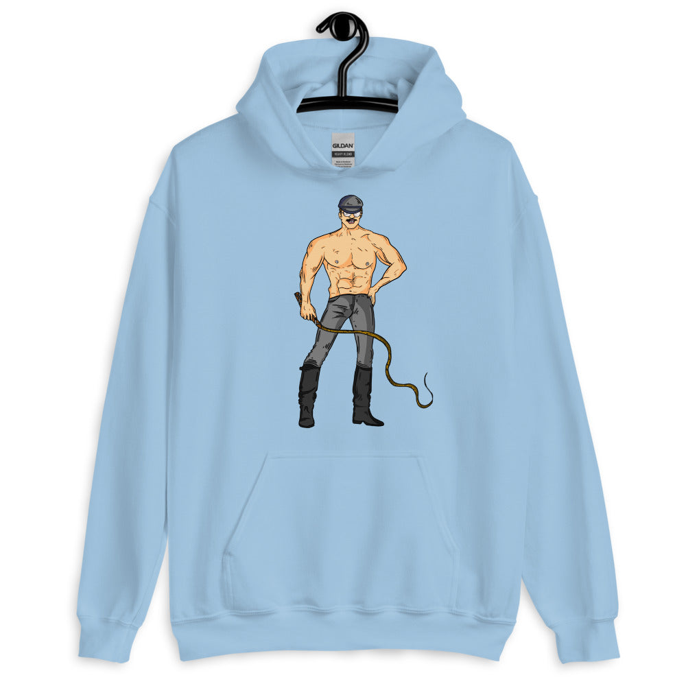 Light blue hoodie on a hanger with a shirtless masked man holding a riding crop