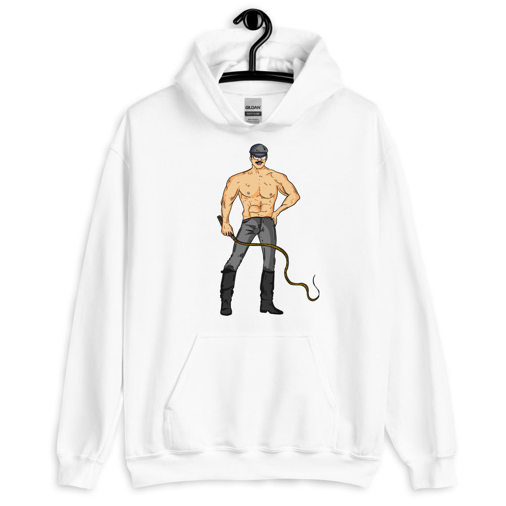 Front view of a white hoodie with a shirtless leather-clad man holding a whip graphic