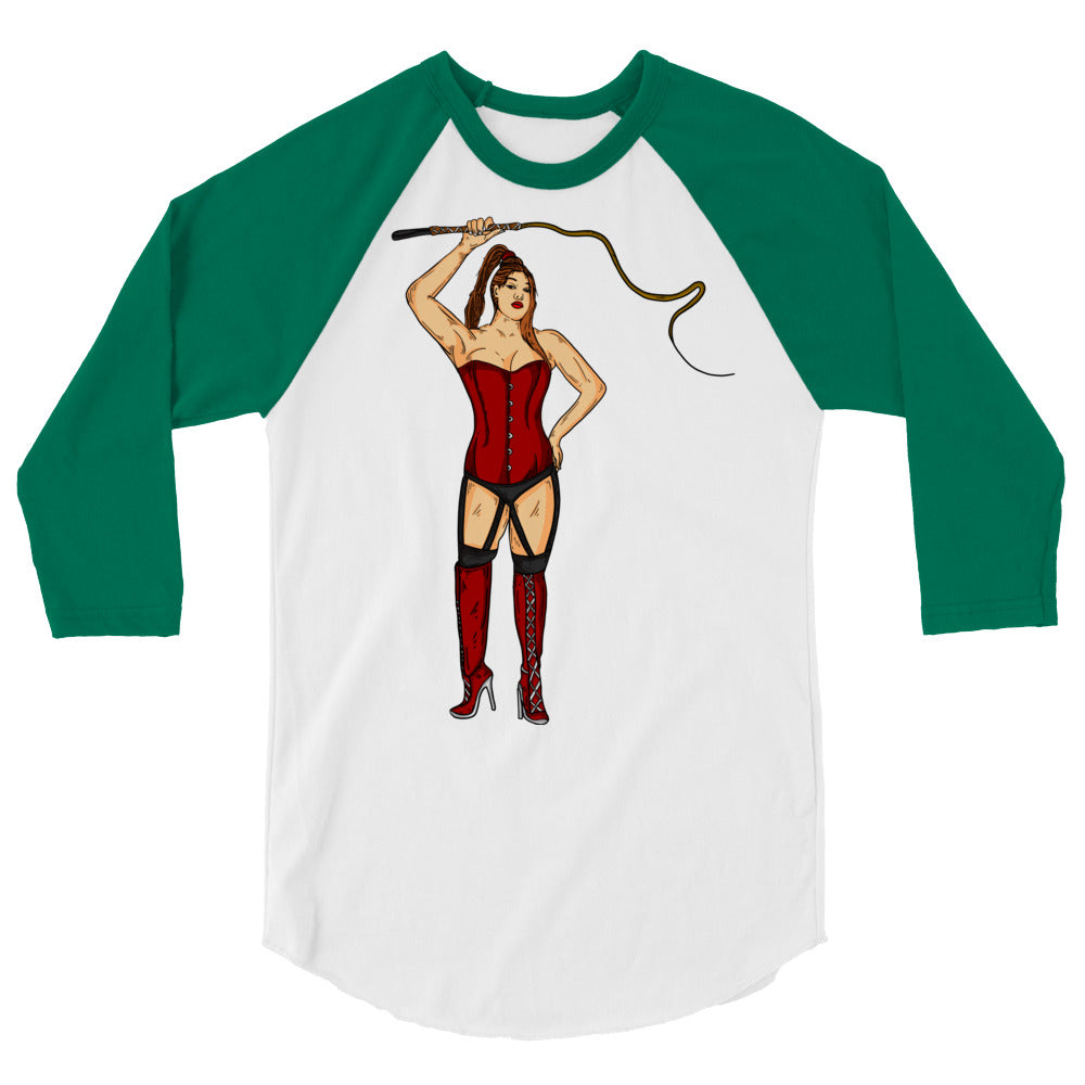 Front view of a white-and-green raglan shirt with a whip-wielding dominatrix illustration