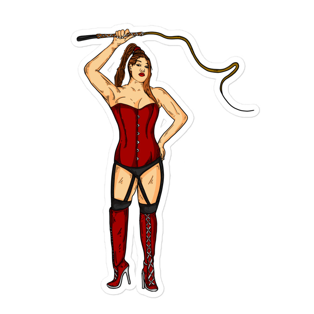 Dominatrix bubble-free sticker with illustrated figure in a red corset, thigh-high boots and holding a whip