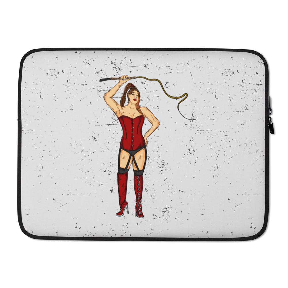 Laptop sleeve with a pin-up woman in a red corset and thigh-high boots holding a whip