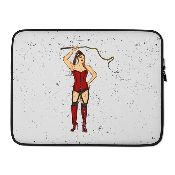 Laptop sleeve with a pin-up woman in a red corset and thigh-high boots holding a whip