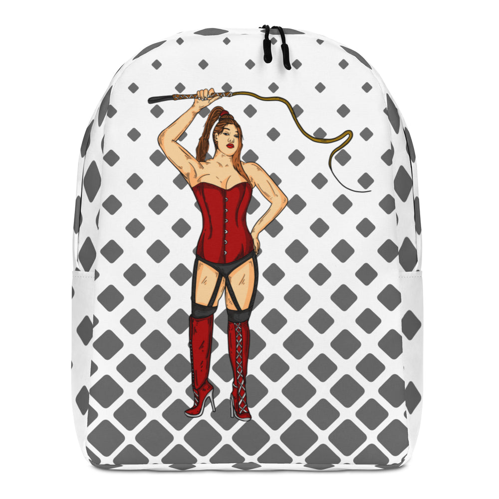 Front view of a white backpack with gray diamond pattern and dominatrix illustration