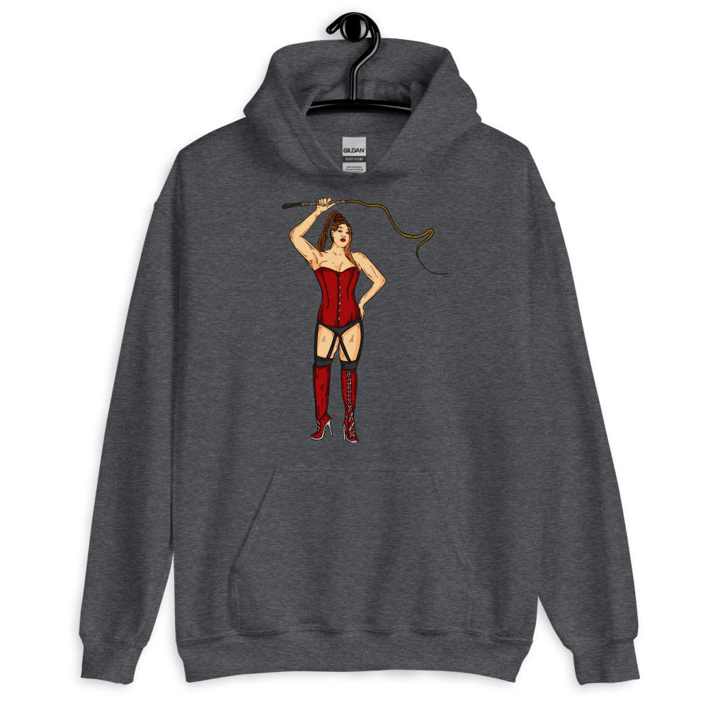 Front view of a dark gray hoodie with a red corset-clad dominatrix holding a whip