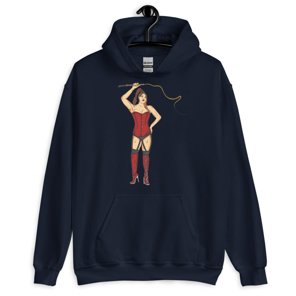 Navy pullover hoodie with a pin-up dominatrix illustration in a red corset